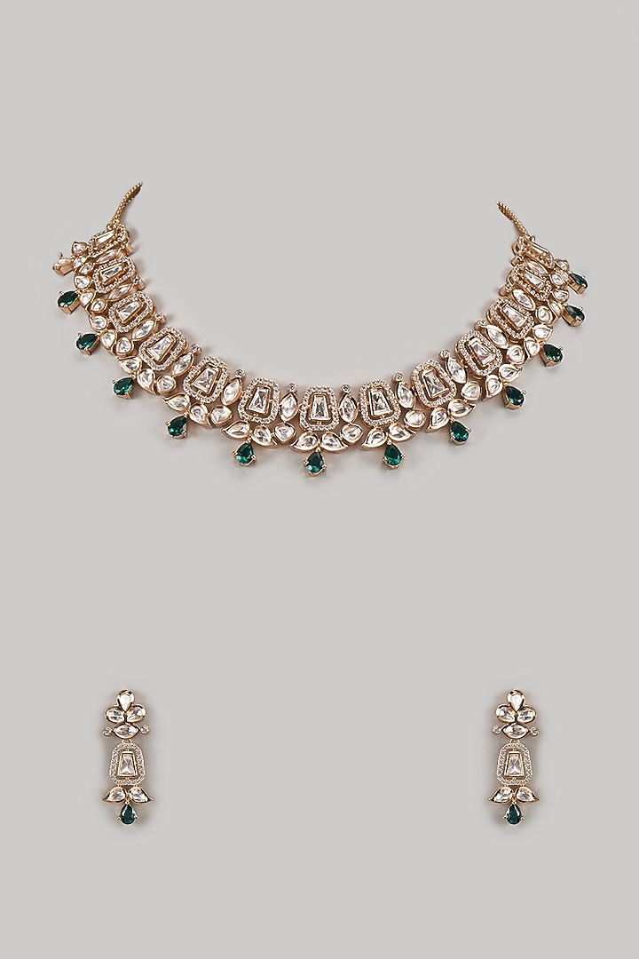 Gold Finish Emerald Drop & Pearl Necklace Set by Aura Trends at Pernia's Pop Up Shop