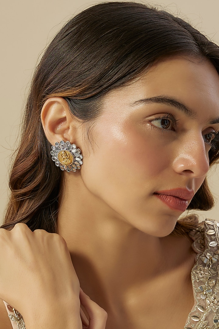 Gold Finish Black Stone & Pearl Floral Stud Earrings by Aura Trends at Pernia's Pop Up Shop