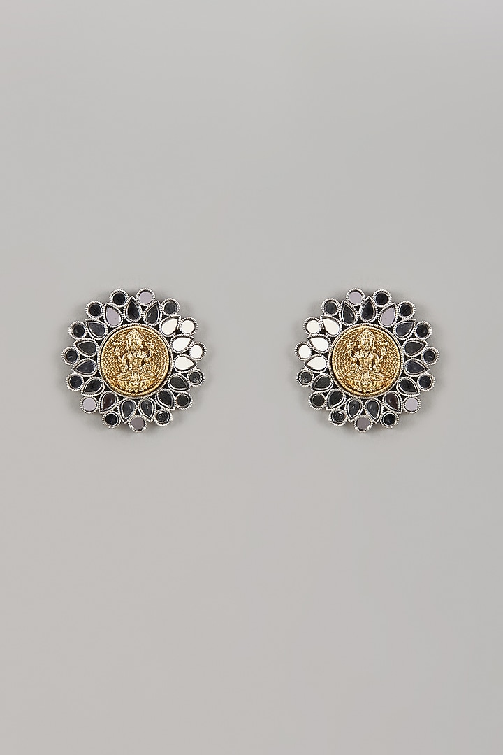 Gold Finish Black Stone & Pearl Floral Stud Earrings by Aura Trends at Pernia's Pop Up Shop