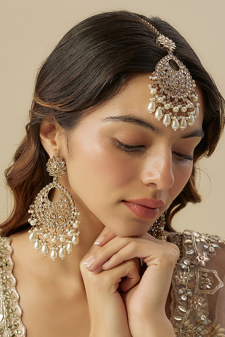 Gold Finish Pearl Chandbali Earrings With Maang Tikka by Auraa Trends at Pernia's Pop Up Shop