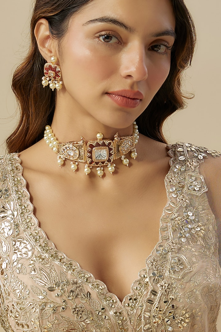 Gold Finish Kundan Polki & Pearl Choker Necklace Set by Aura Trends at Pernia's Pop Up Shop