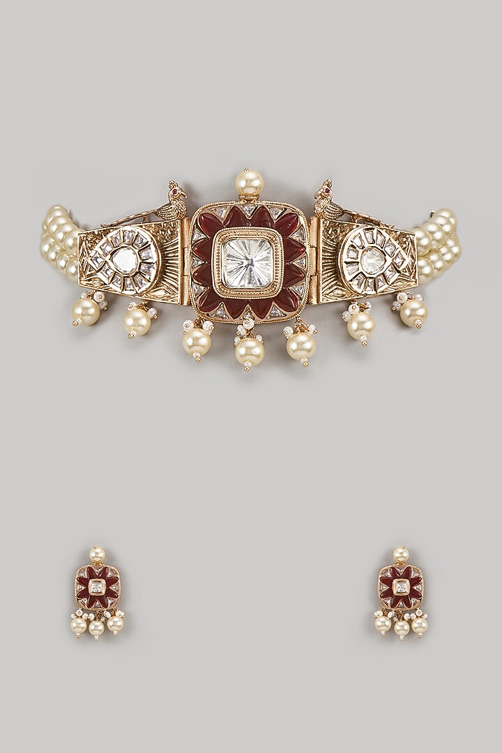 Gold Finish Kundan Polki & Pearl Choker Necklace Set by Aura Trends at Pernia's Pop Up Shop