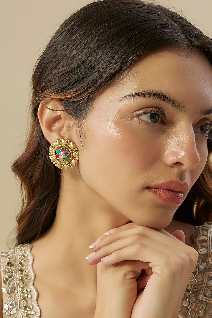 Gold Finish Multi-Colored Stone Stud Earrings by Aura Trends at Pernia's Pop Up Shop