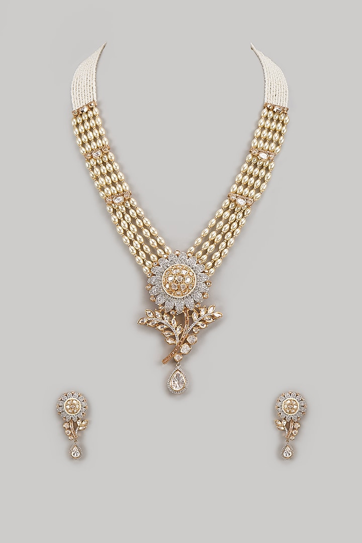 Gold Finish Floral Motif & Pearl Long Pendant Necklace Set by Aura Trends at Pernia's Pop Up Shop