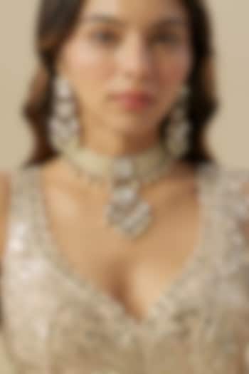 Gold Finish Crystal Stone & Pearl Choker Necklace Set by Auraa Trends at Pernia's Pop Up Shop