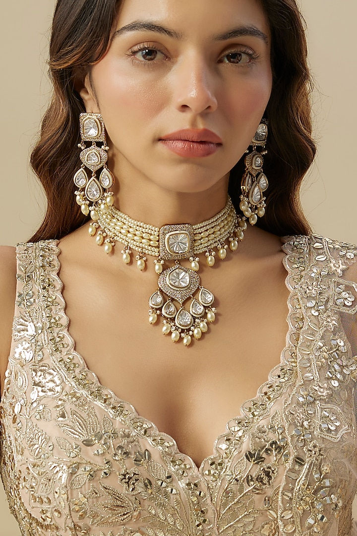 Gold Finish Crystal Stone & Pearl Choker Necklace Set by Auraa Trends at Pernia's Pop Up Shop