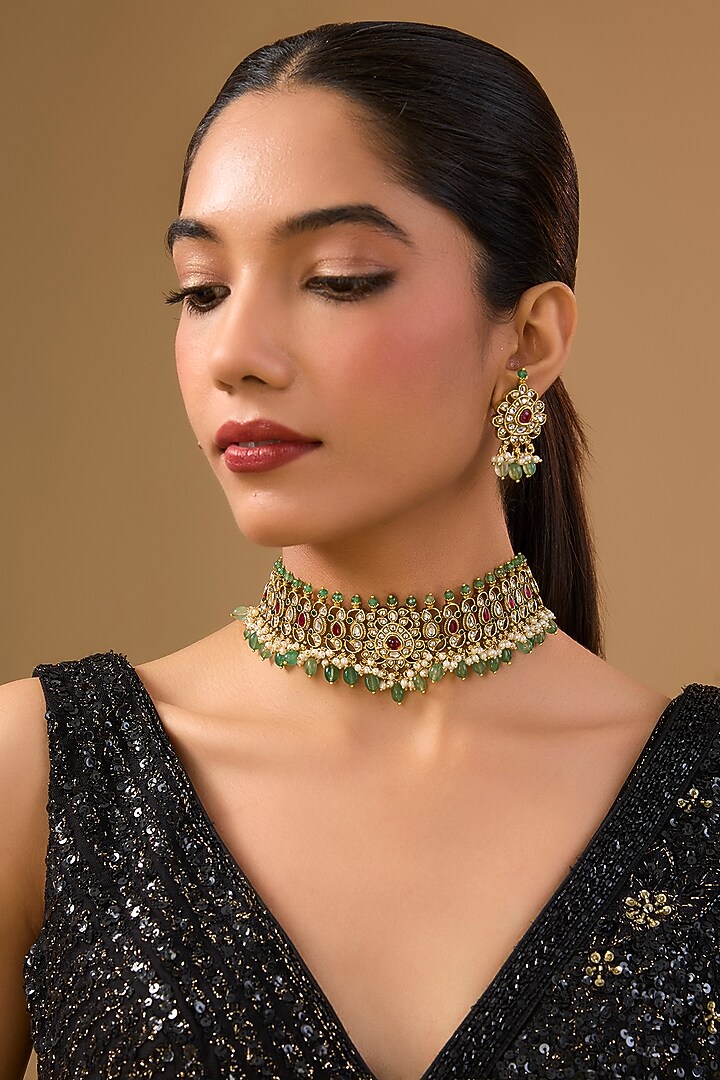 Gold Finish Emerald Green Stone & Pearl Necklace Set by Aura Trends at Pernia's Pop Up Shop