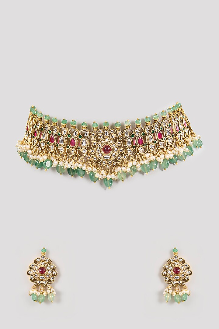 Gold Finish Emerald Green Stone & Pearl Necklace Set by Aura Trends at Pernia's Pop Up Shop