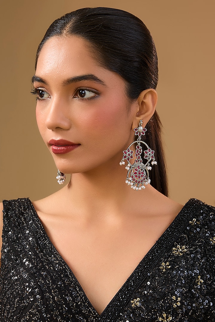Gold Finish Pink Stone & Crystal Dangler Earrings by Aura Trends at Pernia's Pop Up Shop