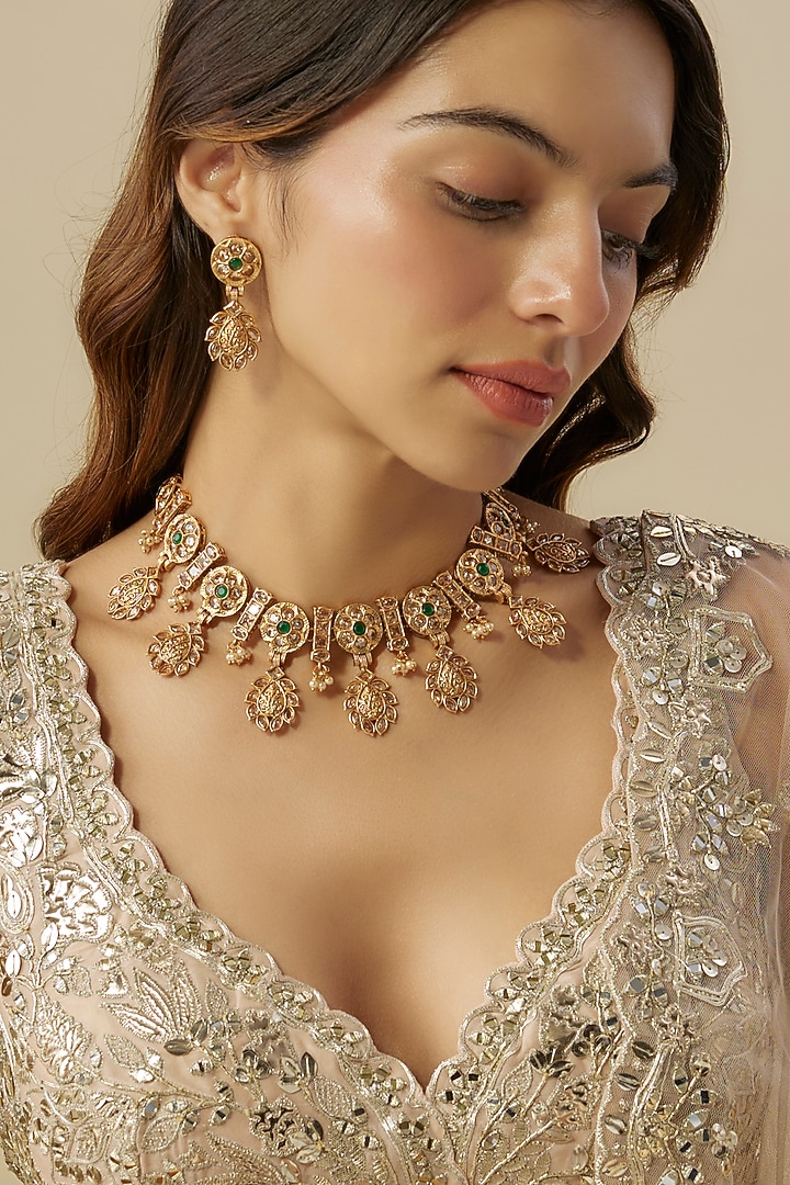 Gold Finish Emerald Stone & Pearl Drop Choker Necklace Set by Aura Trends at Pernia's Pop Up Shop
