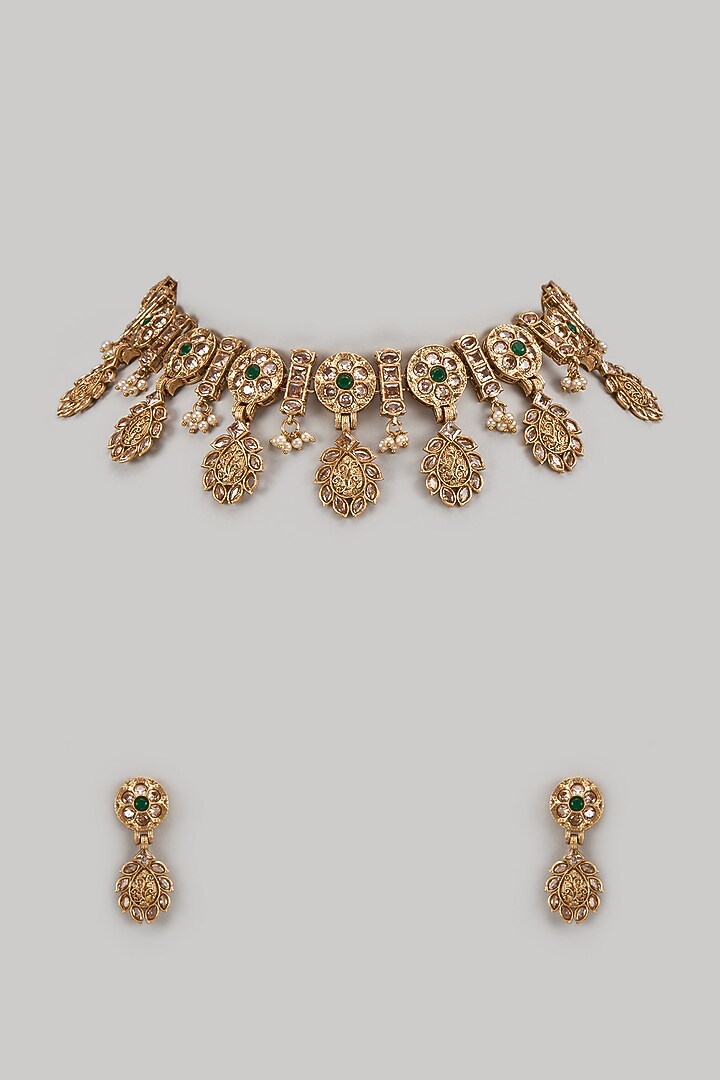 Gold Finish Emerald Stone & Pearl Drop Choker Necklace Set by Aura Trends at Pernia's Pop Up Shop