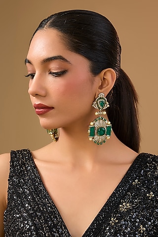 Gold Finish Emerald Green Gemstone & Pearl Dangler Earrings by Aura Trends