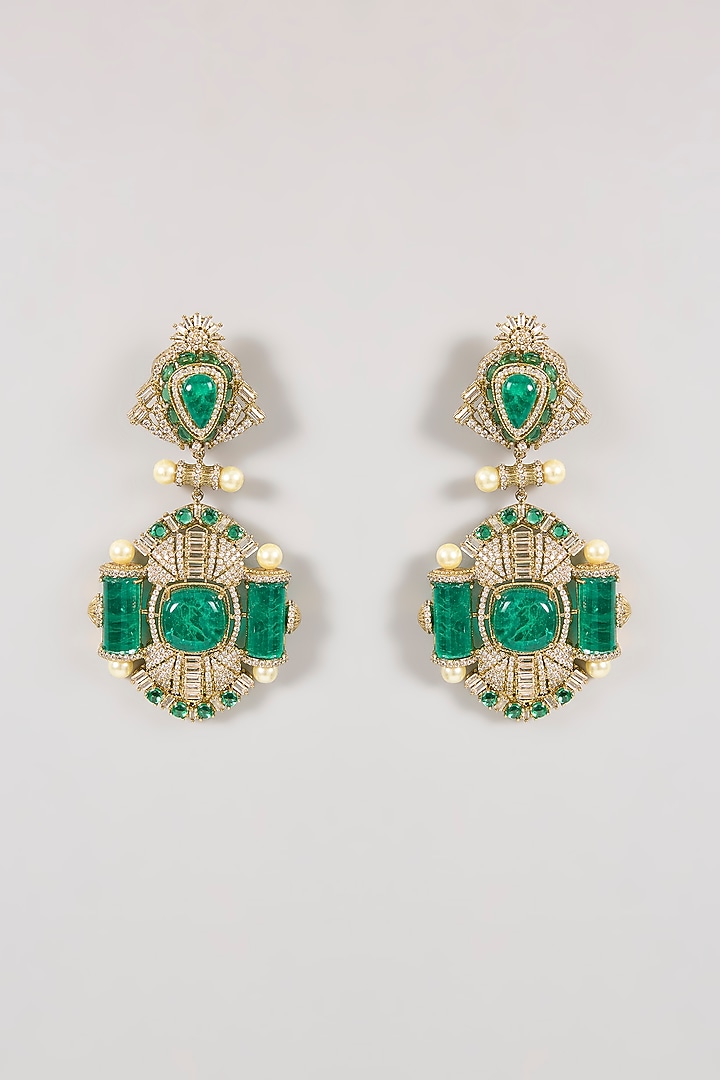 Gold Finish Emerald Green Gemstone & Pearl Dangler Earrings by Aura Trends at Pernia's Pop Up Shop