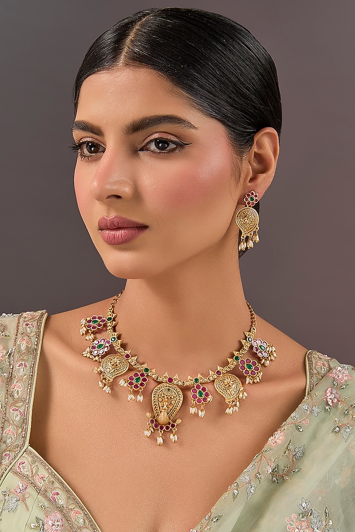 Gold Finish Emerald & Ruby Stone Temple Necklace Set by Aura Trends at Pernia's Pop Up Shop