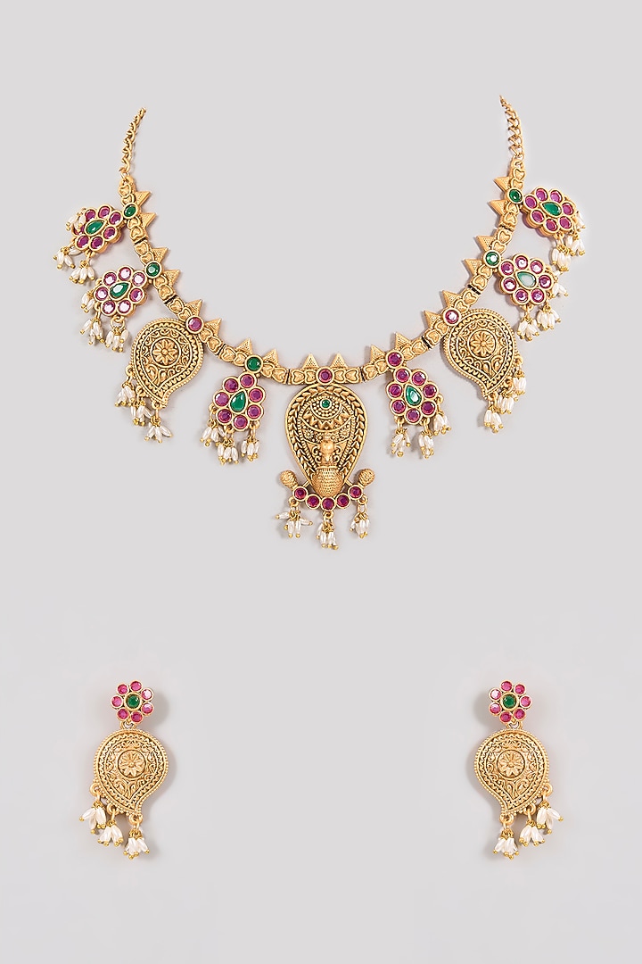 Gold Finish Emerald & Ruby Stone Temple Necklace Set by Aura Trends at Pernia's Pop Up Shop