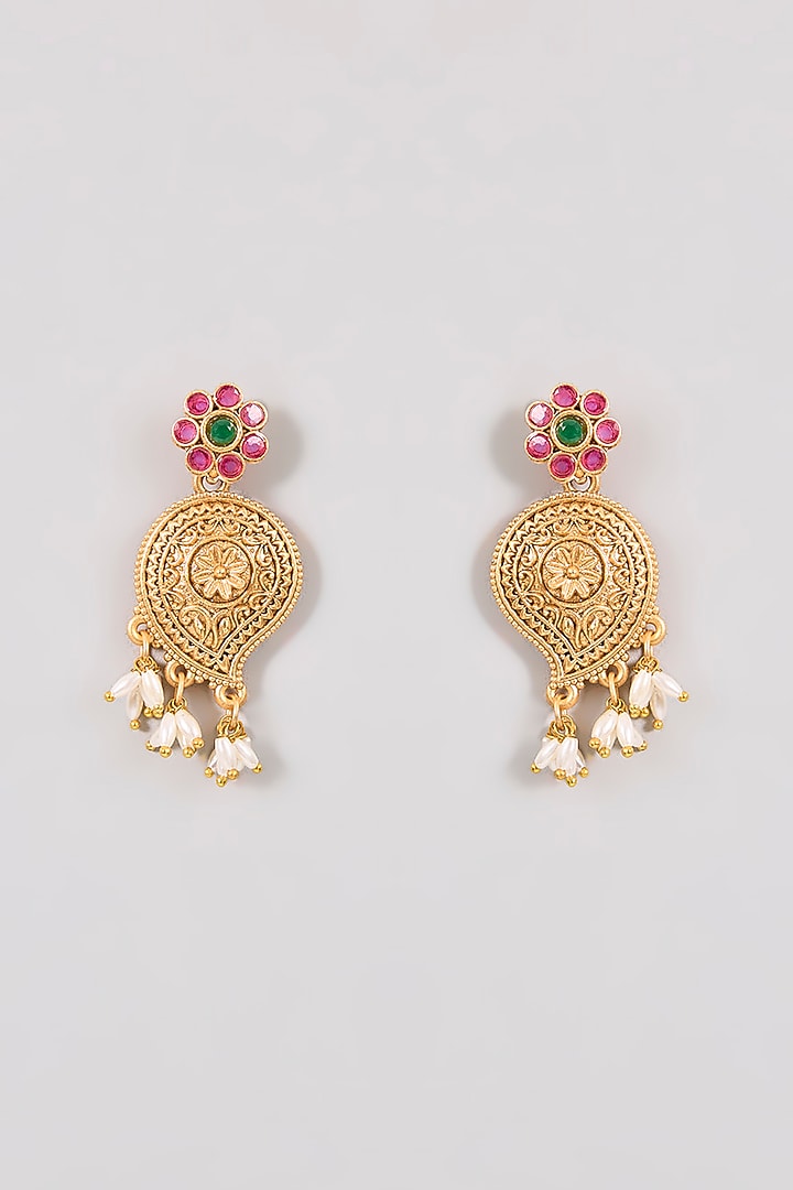 Gold Finish Emerald & Ruby Stone Temple Necklace Set by Aura Trends at Pernia's Pop Up Shop