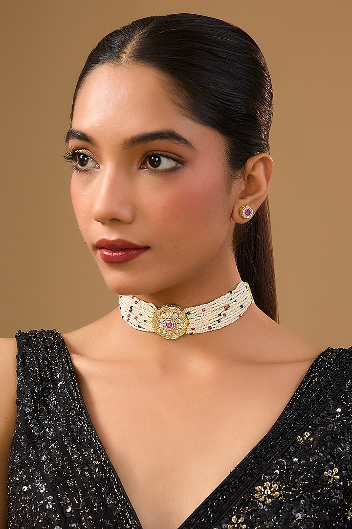 Gold Finish Pearl Choker Necklace Set by Aura Trends at Pernia's Pop Up Shop