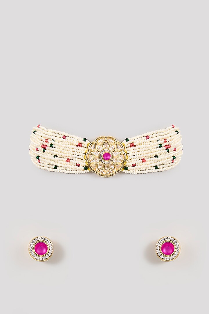 Gold Finish Pearl Choker Necklace Set by Aura Trends at Pernia's Pop Up Shop