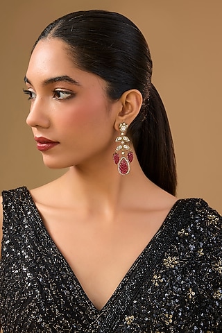 Gold Finish Ruby Gemstone & Pearl Dangler Earrings by Aura Trends