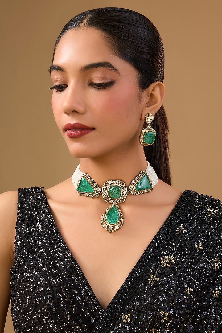 Gold Finish Emerald Green Gemstone & Pearl Choker Necklace Set by Aura Trends at Pernia's Pop Up Shop