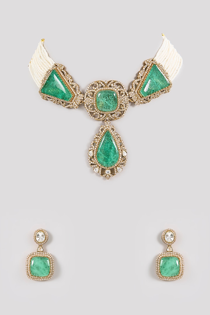 Gold Finish Emerald Green Gemstone & Pearl Choker Necklace Set by Aura Trends at Pernia's Pop Up Shop