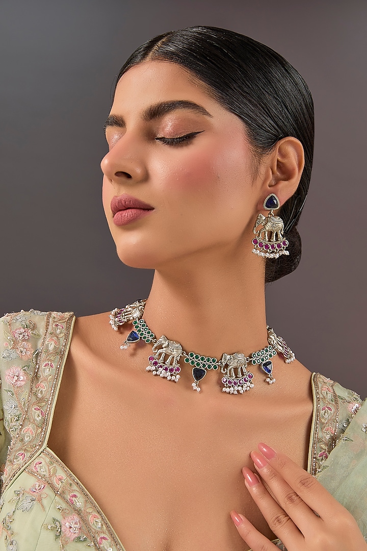 Gold Finish Sapphire Blue Stone & Elephant Motif Necklace Set by Aura Trends at Pernia's Pop Up Shop