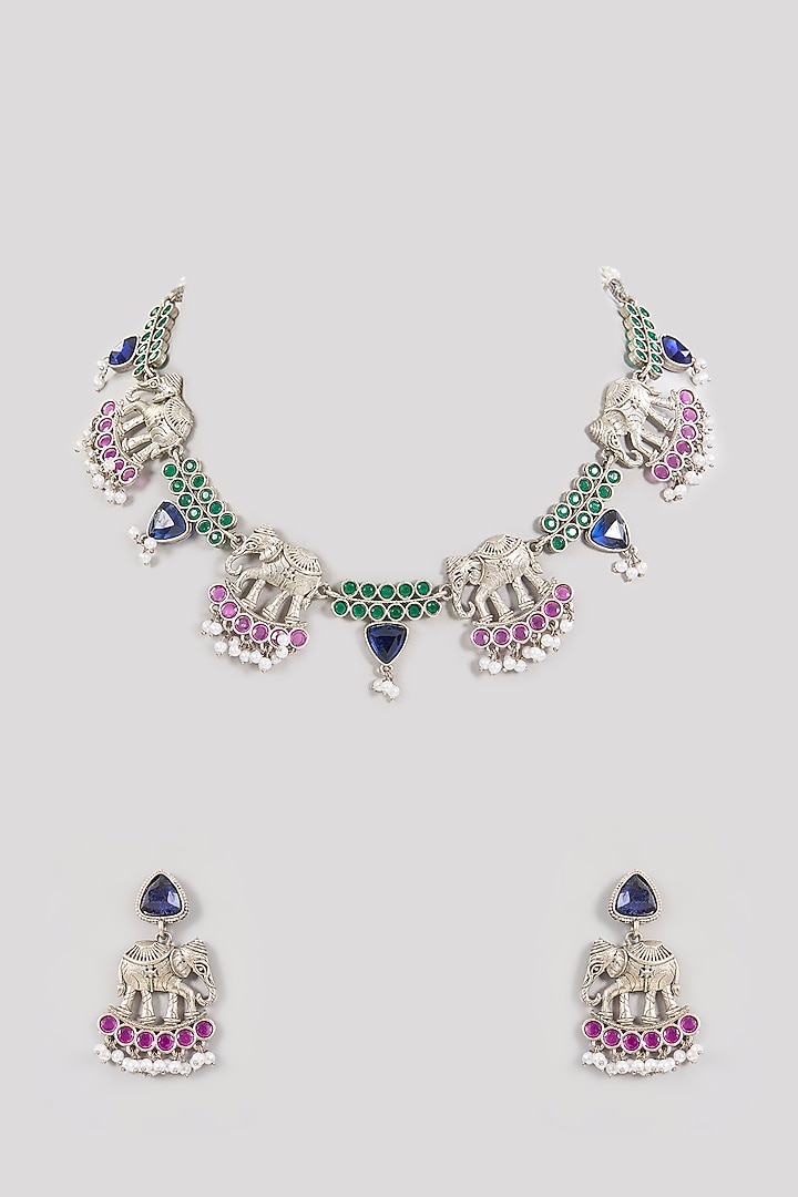 Gold Finish Sapphire Blue Stone & Elephant Motif Necklace Set by Aura Trends at Pernia's Pop Up Shop