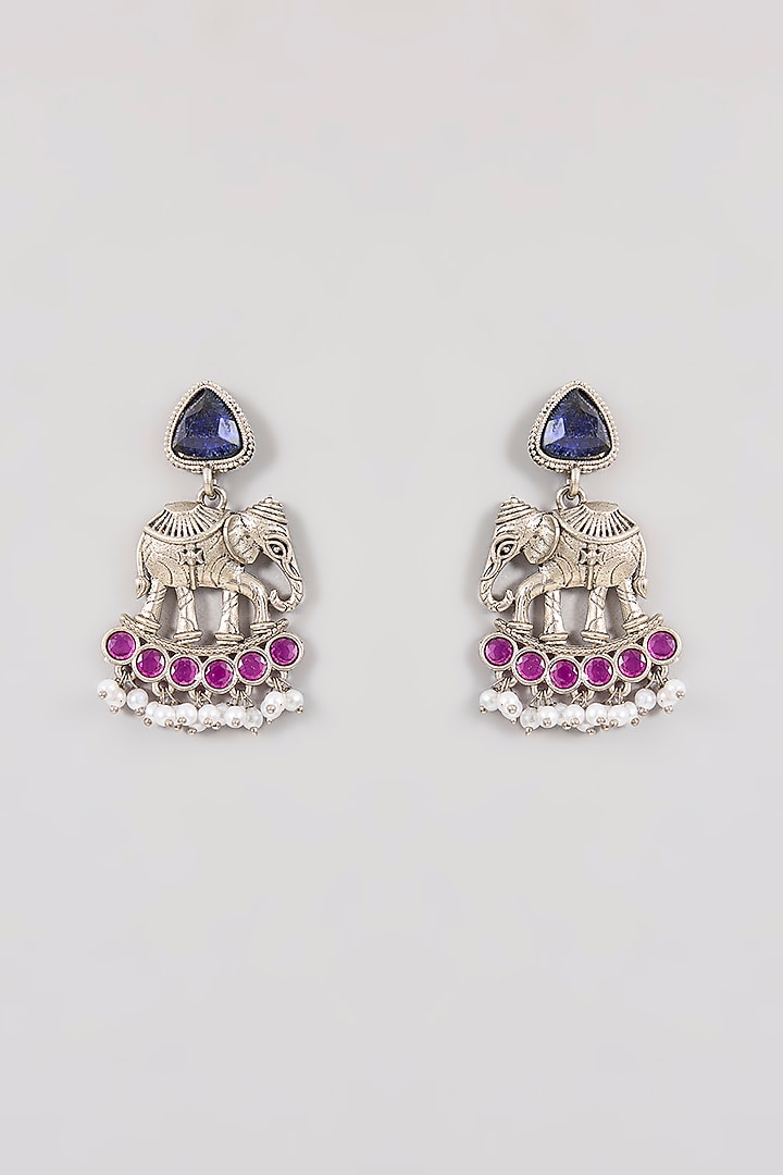 Gold Finish Sapphire Blue Stone & Elephant Motif Necklace Set by Aura Trends at Pernia's Pop Up Shop