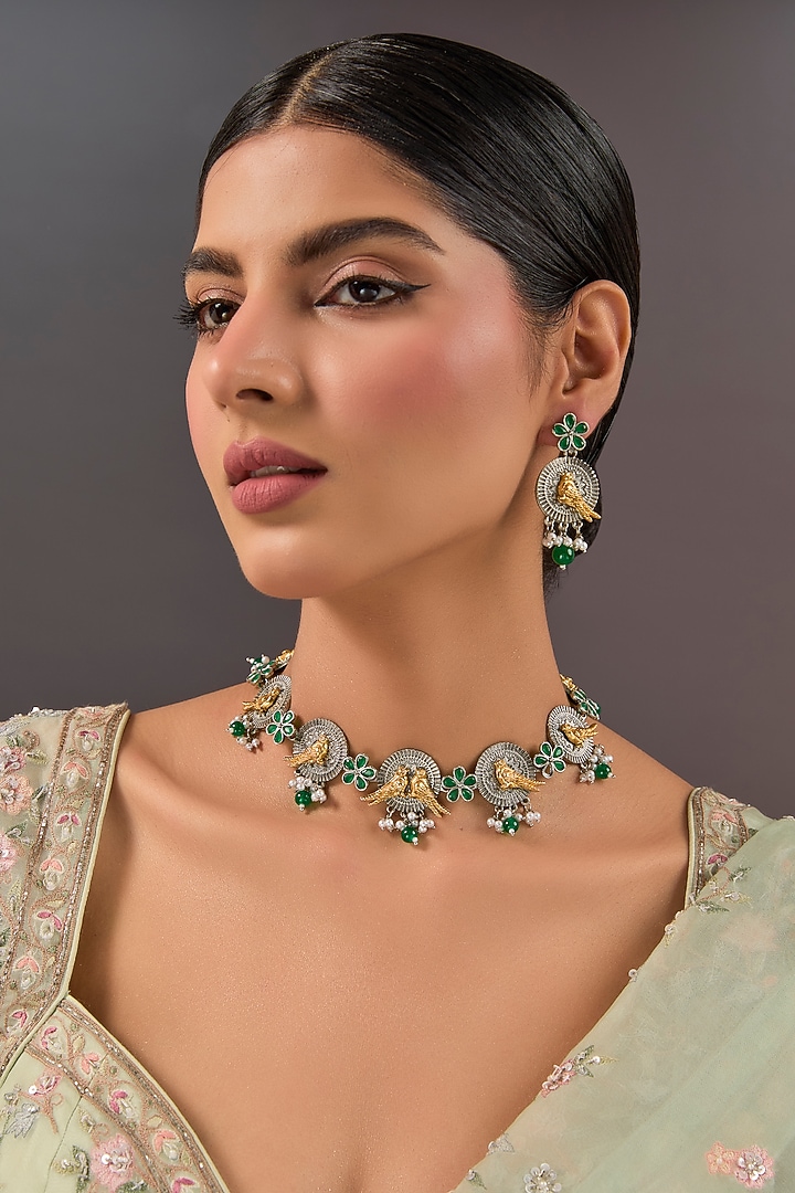 Gold Finish Green Stone & Peacock Motif Necklace Set by Aura Trends at Pernia's Pop Up Shop