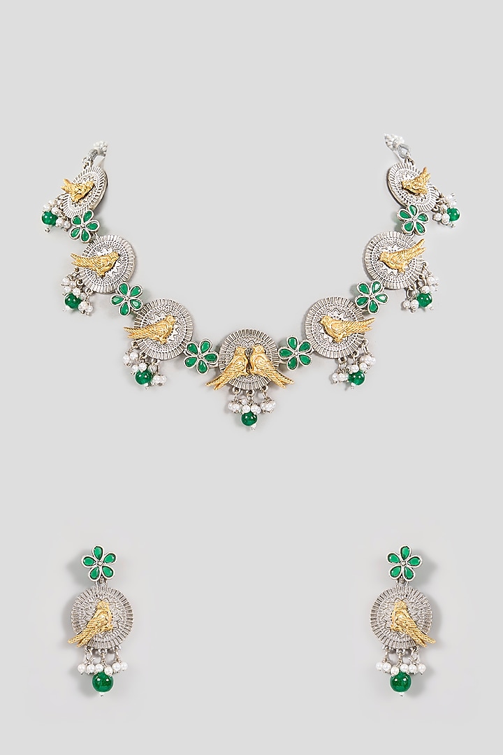 Gold Finish Green Stone & Peacock Motif Necklace Set by Aura Trends at Pernia's Pop Up Shop