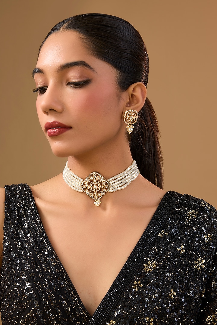 Gold Finish Pearl Choker Necklace Set by Aura Trends at Pernia's Pop Up Shop
