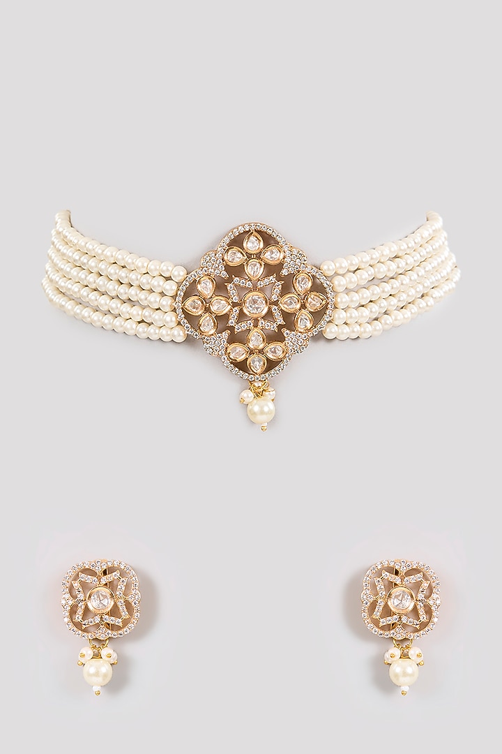 Gold Finish Pearl Choker Necklace Set by Aura Trends at Pernia's Pop Up Shop