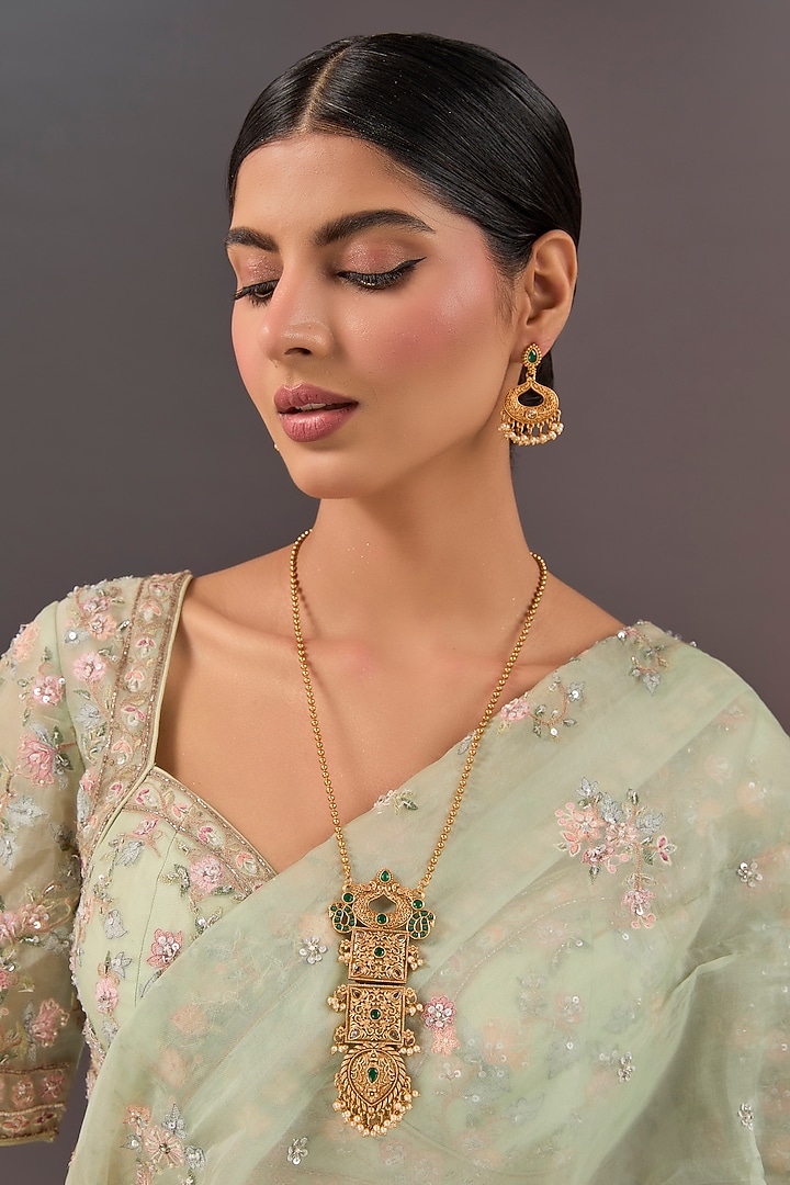 Gold Finish Green Gemstone Temple Necklace Set by Aura Trends at Pernia's Pop Up Shop