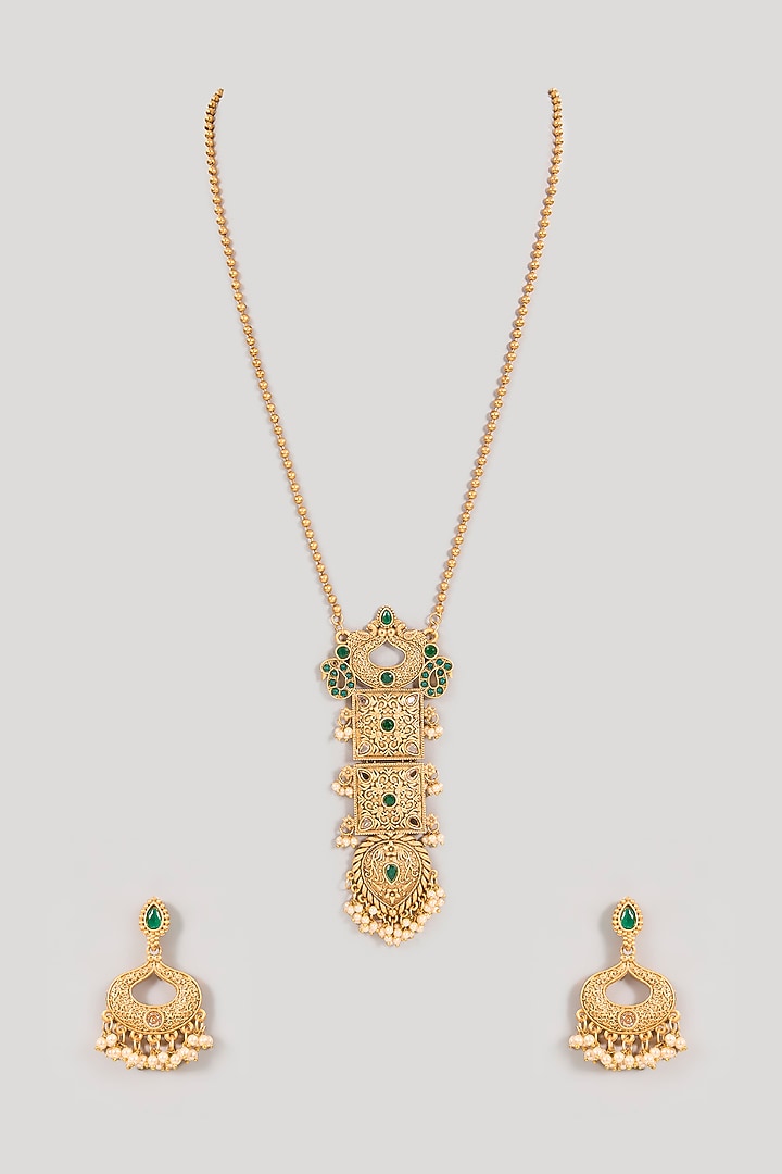 Gold Finish Green Gemstone Temple Necklace Set by Aura Trends at Pernia's Pop Up Shop