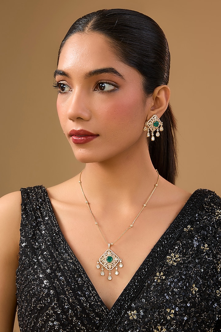 Gold Finish Green Stone & Pearl Long Pendant Necklace Set by Aura Trends at Pernia's Pop Up Shop