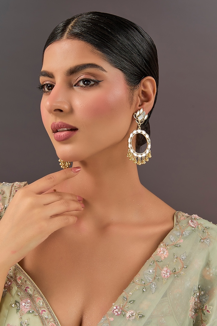 Gold Finish White Stone & Pearl Dangler Earrings by Aura Trends at Pernia's Pop Up Shop