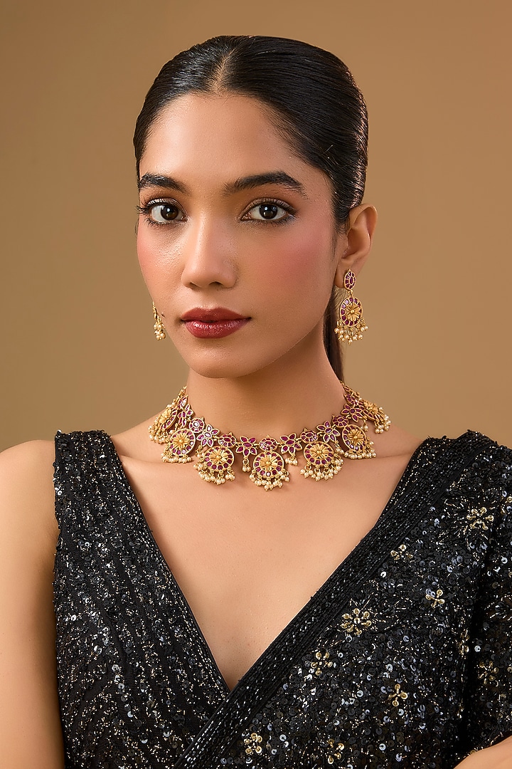 Gold Finish Pink Gemstone & Pearl Choker Necklace Set by Auraa Trends at Pernia's Pop Up Shop