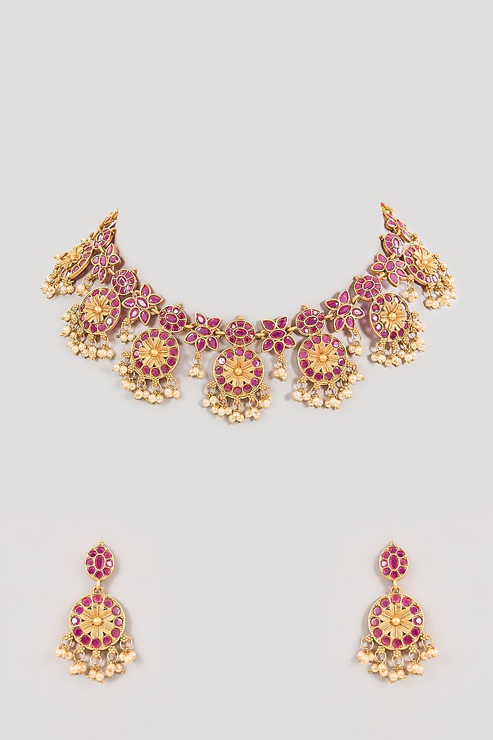 Gold Finish Pink Gemstone & Pearl Choker Necklace Set by Aura Trends at Pernia's Pop Up Shop