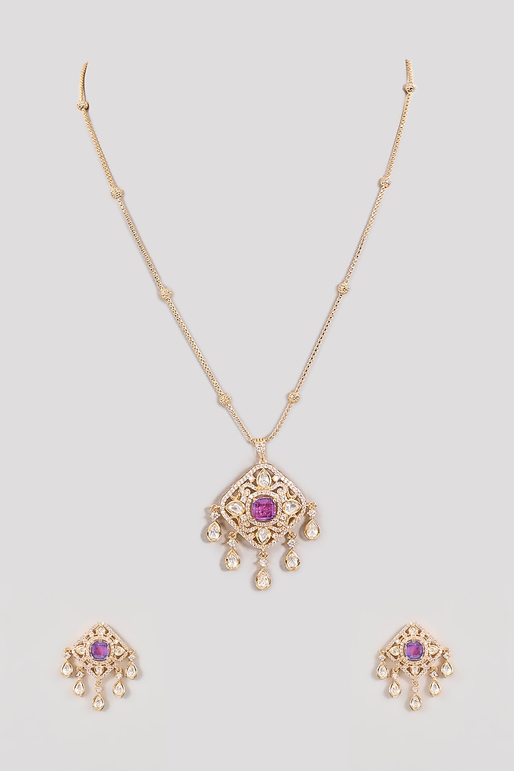 Gold Finish Ruby Stone & Pearl Pendant Necklace Set by Aura Trends at Pernia's Pop Up Shop