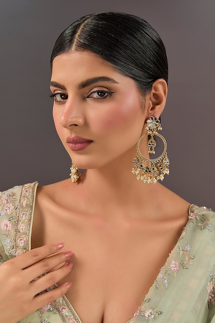 Gold Finish Kundan Polki & Pearl Chandbali Earrings by Auraa Trends at Pernia's Pop Up Shop