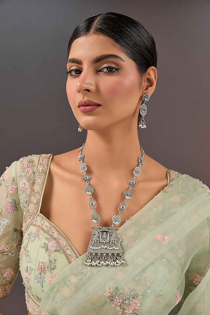 Silver Finish Moissanite Stone Long Temple Necklace Set by Auraa Trends at Pernia's Pop Up Shop