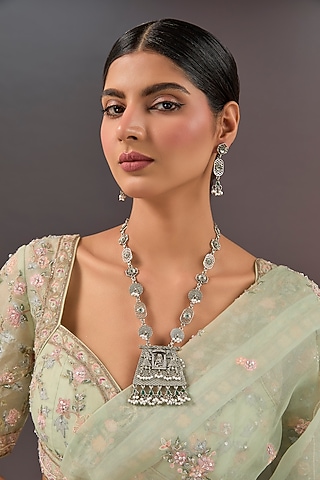 Silver Finish Moissanite Stone Long Temple Necklace Set by Aura Trends