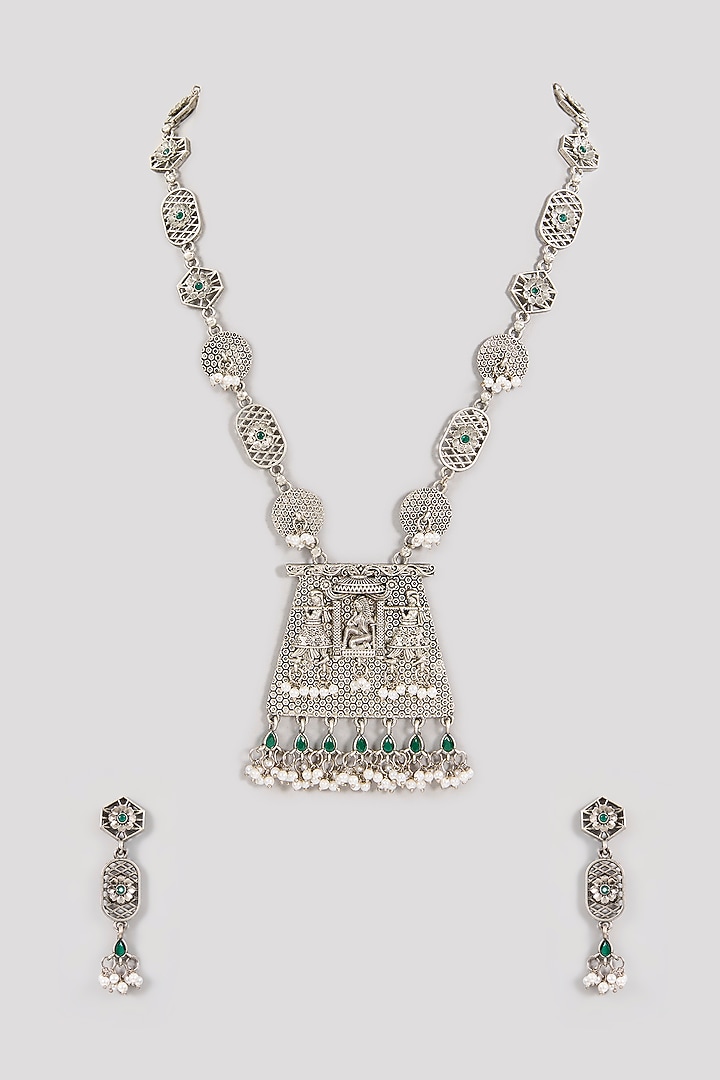 Silver Finish Moissanite Stone Long Temple Necklace Set by Aura Trends at Pernia's Pop Up Shop