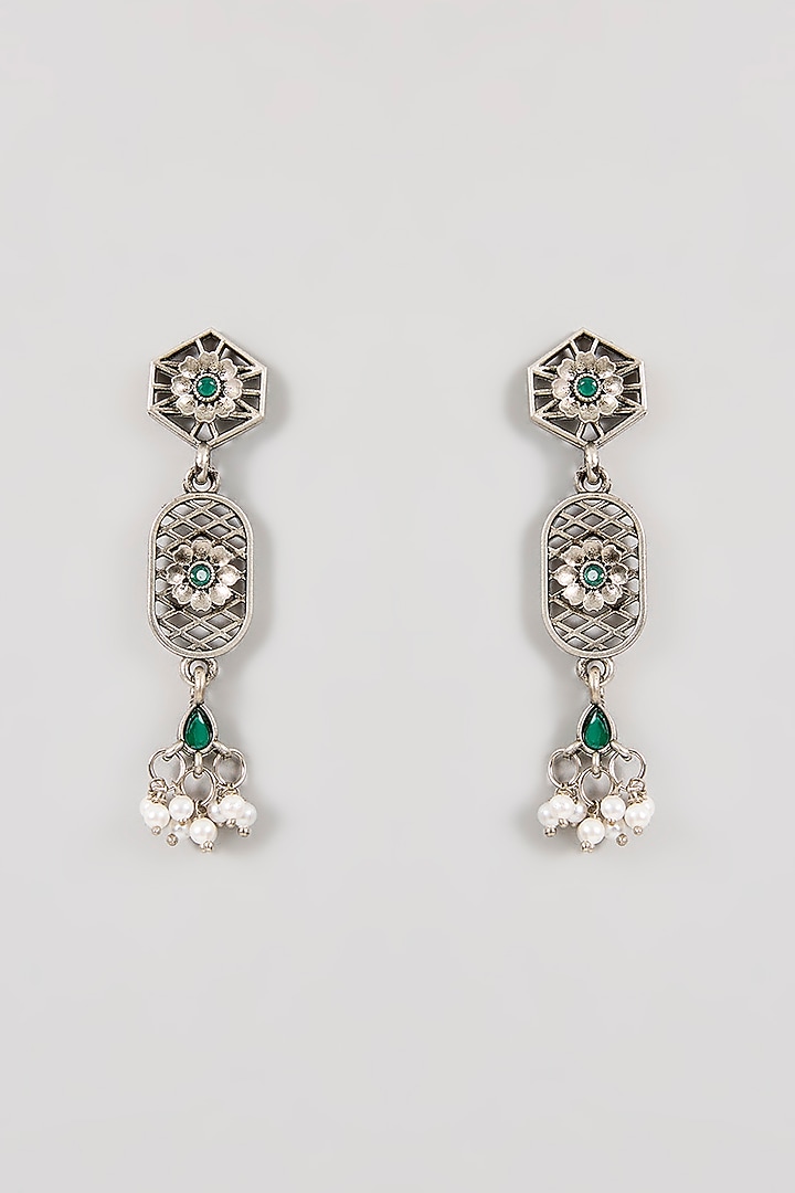 Silver Finish Moissanite Stone Long Temple Necklace Set by Aura Trends at Pernia's Pop Up Shop