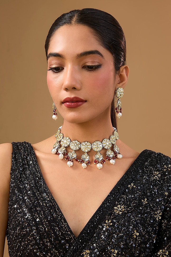 Gold Finish Moissanite Polki & Pearl Choker Necklace Set by Aura Trends at Pernia's Pop Up Shop