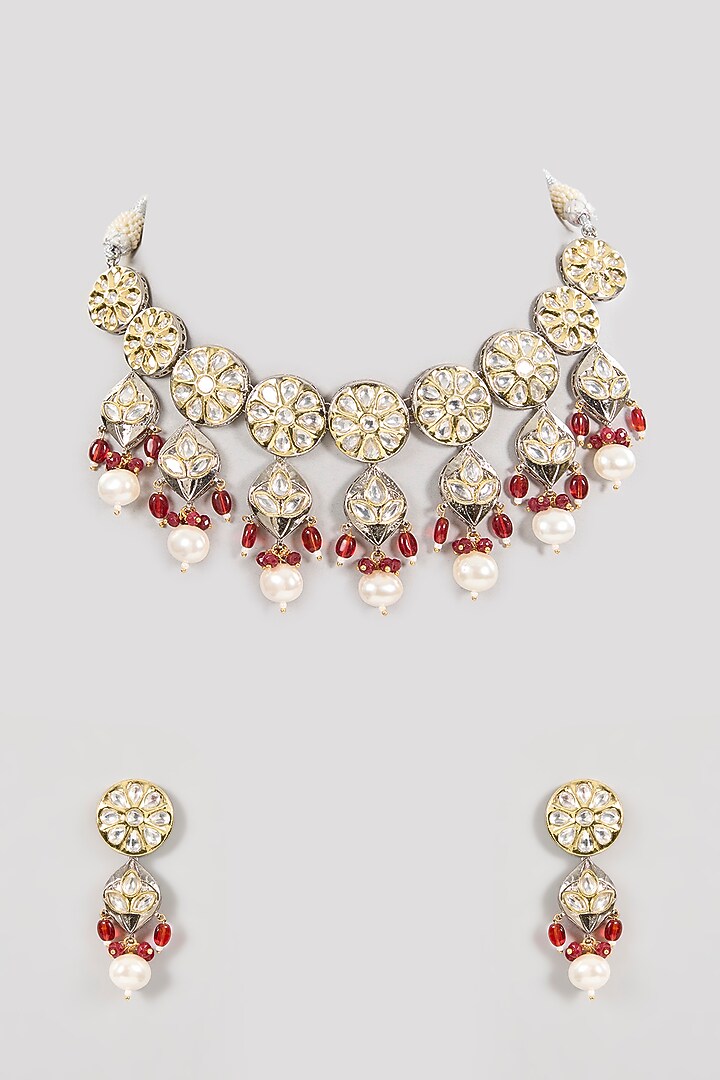 Gold Finish Moissanite Polki & Pearl Choker Necklace Set by Aura Trends at Pernia's Pop Up Shop