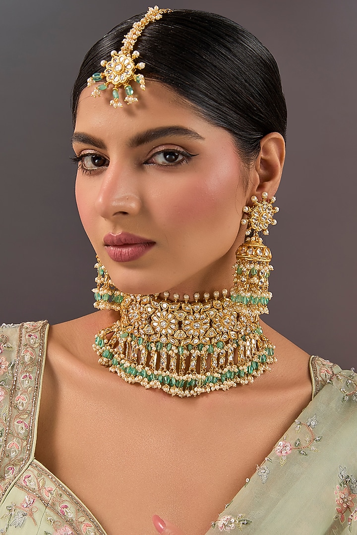 Gold Finish Moissanite & Emerald Green Stone Choker Necklace Set by Aura Trends at Pernia's Pop Up Shop