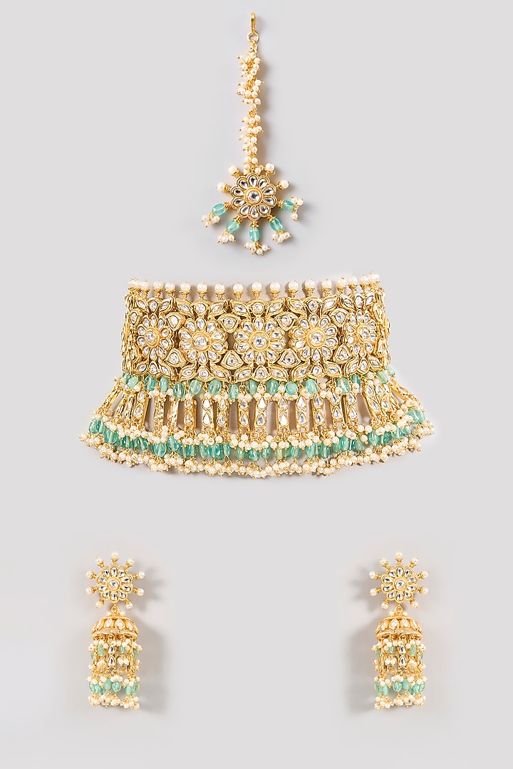 Gold Finish Moissanite & Emerald Green Stone Choker Necklace Set by Aura Trends at Pernia's Pop Up Shop