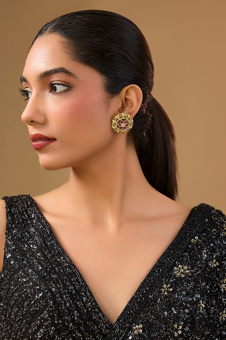 Gold Finish Moissanite Stone Floral Stud Earrings by Auraa Trends at Pernia's Pop Up Shop