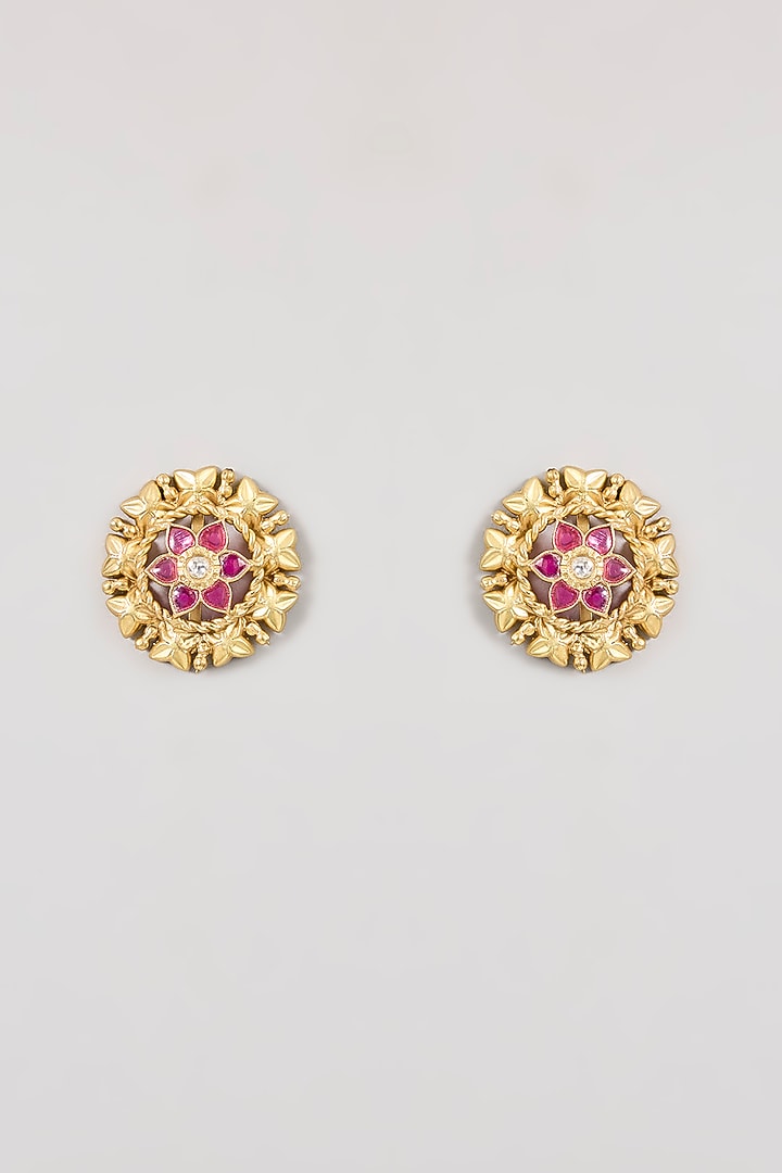 Gold Finish Moissanite Stone Floral Stud Earrings by Aura Trends at Pernia's Pop Up Shop